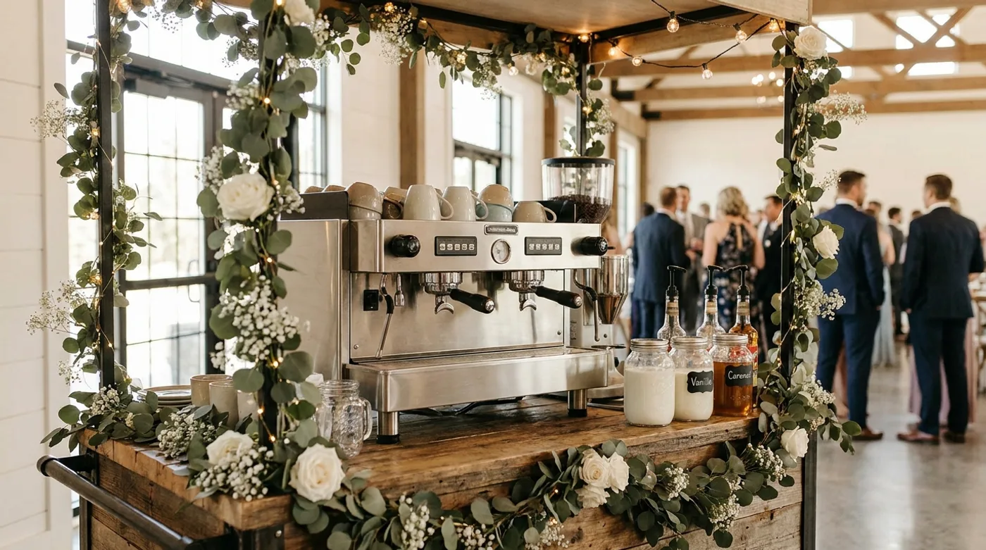 Espresso bar cart dressed with greenery, string lights and syrup bottles at an event