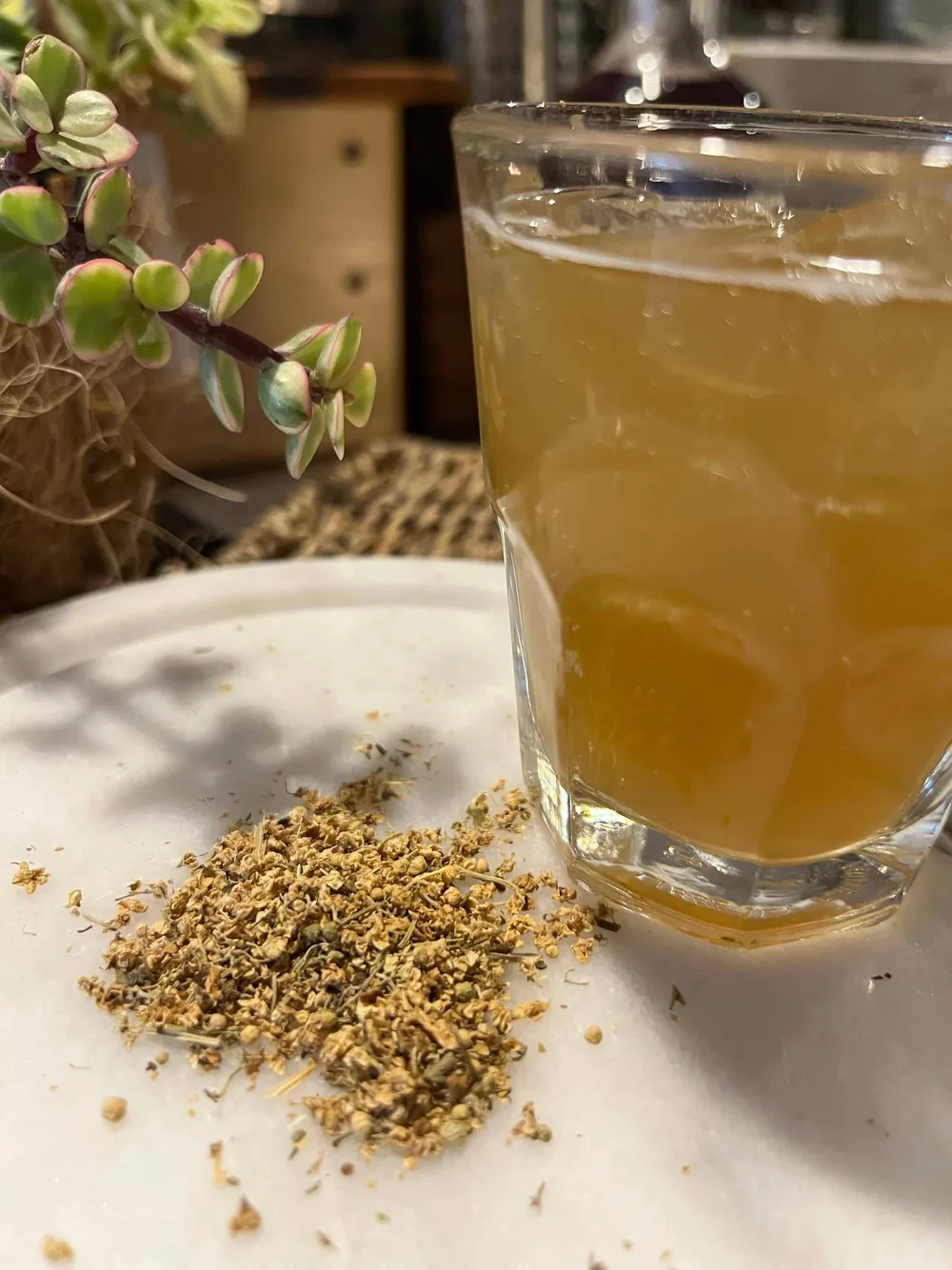Golden shrub soda over ice beside a pile of dried elderflower